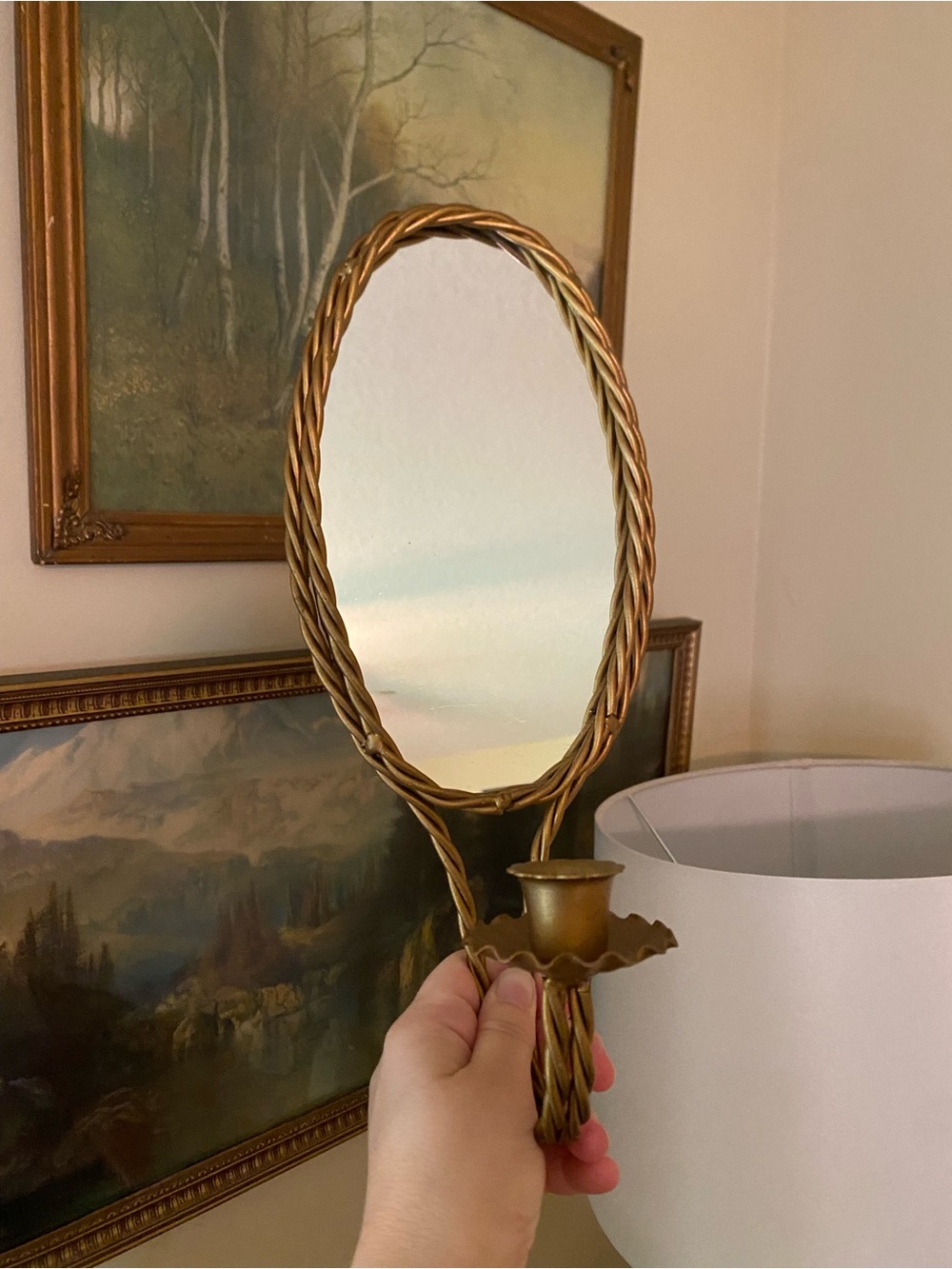 Vintage MCM Ornate Gold Mirror Wall Sconce w/ Candle Holder
